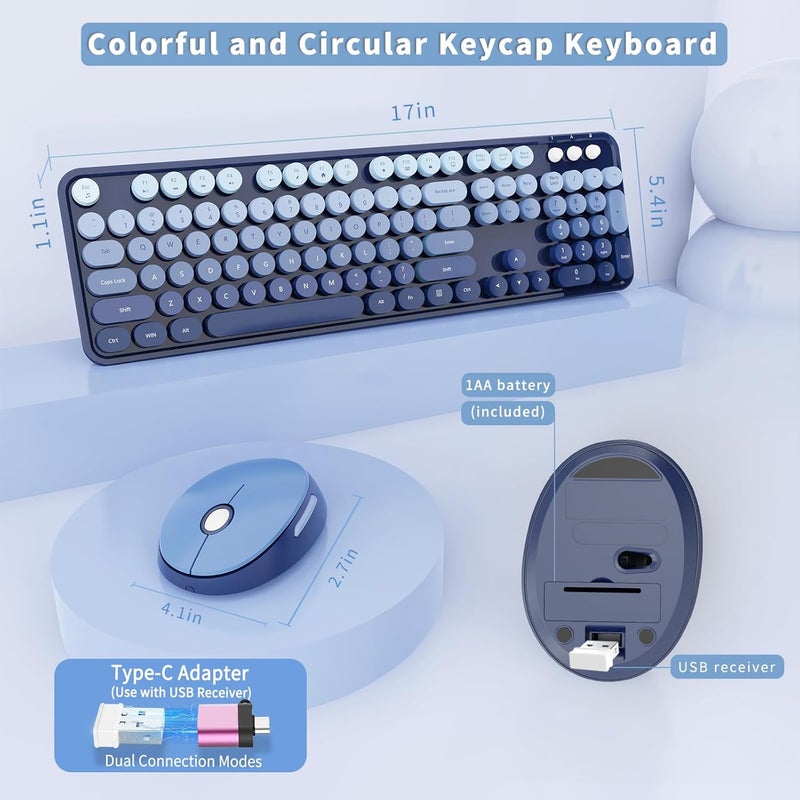 SkyGive Wireless Keyboard and Mouse Combo, Ergonomic Full Size Typewriter Retro Round Keycaps Keyboard, Compatible with Windows, PC, Perfer for Home and Office Keyboards (Twilight Blue - Image 5